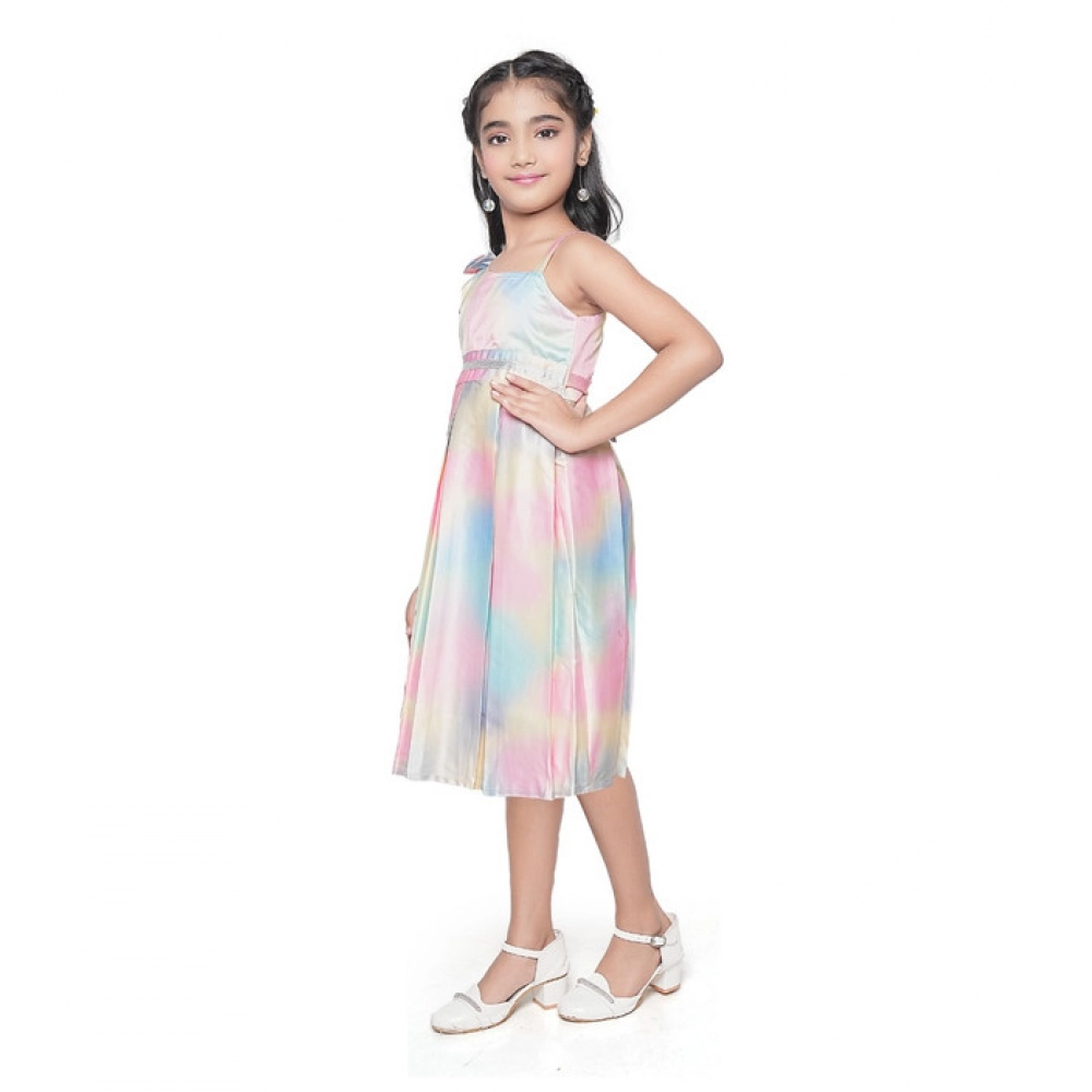 Generic Girl's Satin Soild Sleeve Less Designer Neck Dress (Multicolor)