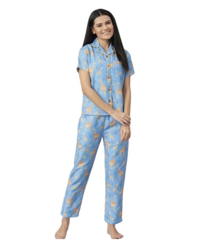 Generic Women's Cotton Blend Printed Short Sleeve Night Suit (Blue)