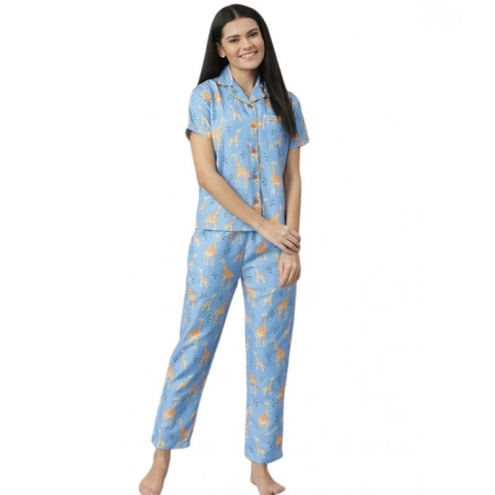 Generic Women's Cotton Blend Printed Short Sleeve Night Suit (Blue)