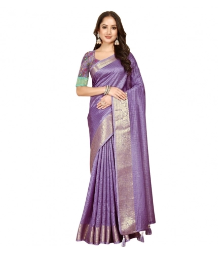 Generic Women's Cotton Blend Checkered Saree With Unstitched Blouse 5.5Mtr (Purple)
