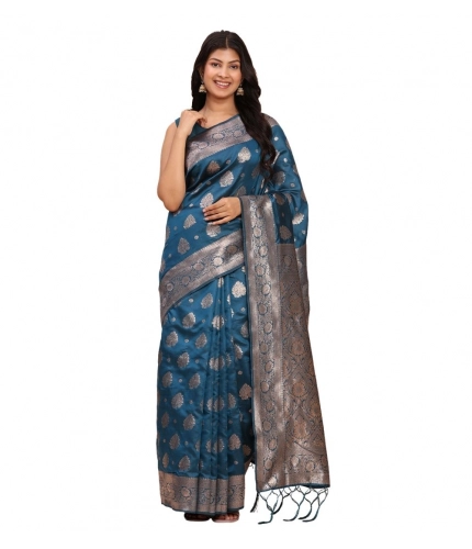Generic Women's Banarasi Silk Printed Saree With Unstitched Blouse 5.5Mtr (Teal Blue)
