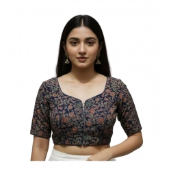 Generic Women's Ajrakh Cotton Round Neck Padded Blouse (Navy, 38 Ready Size (Self-Alterable 36–40)