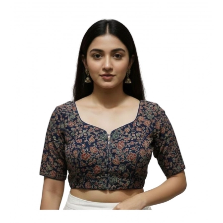 Generic Women's Ajrakh Cotton Round Neck Padded Blouse (Navy, 38 Ready Size (Self-Alterable 36–40)