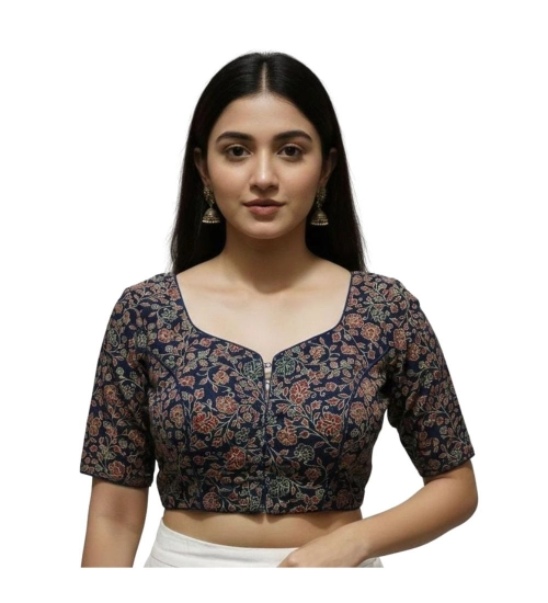 Generic Women's Ajrakh Cotton Round Neck Padded Blouse (Navy, 38 Ready Size (Self-Alterable 36–40)