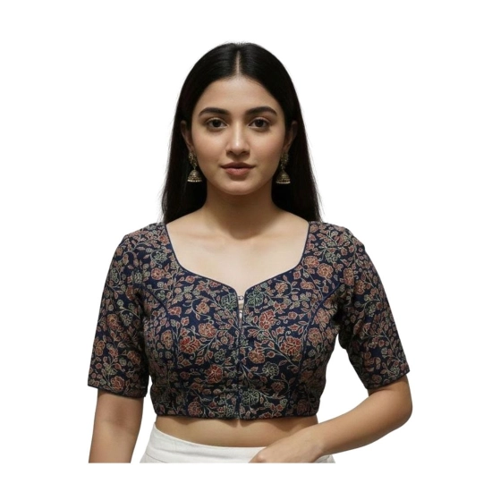 Generic Women's Ajrakh Cotton Round Neck Padded Blouse (Navy, 38 Ready Size (Self-Alterable 36–40)