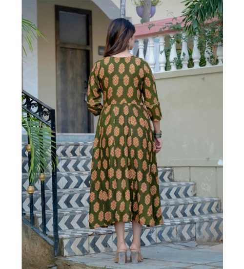 Generic Women's Rayon Print With Embroidery Work A-Line Kurti (Dark Green)
