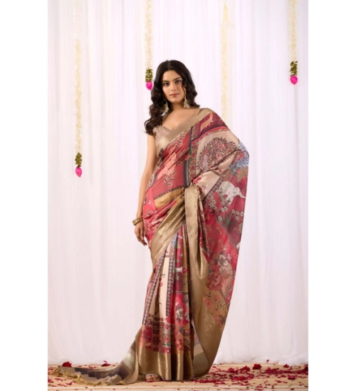 Generic Women's Faux_Silk Printed Saree With Unstitched Blouse 5.5Mtr (Beige) Generic Women's Faux_Silk Printed Saree With Unstitched Blouse 5.5Mtr (Beige)
