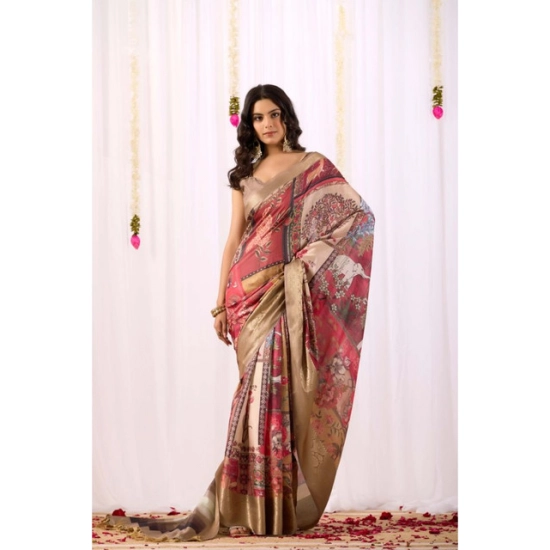 Generic Women's Faux_Silk Printed Saree With Unstitched Blouse 5.5Mtr (Beige)