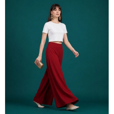 Generic Women's Georgette Solid Mid-Rise Wide Leg Flared Palazzo Pants with Elastic Waist (Maroon)