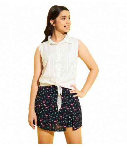 Generic Girl's Polyester Lurex Printed Sleeveless Top Set (White-Navy)