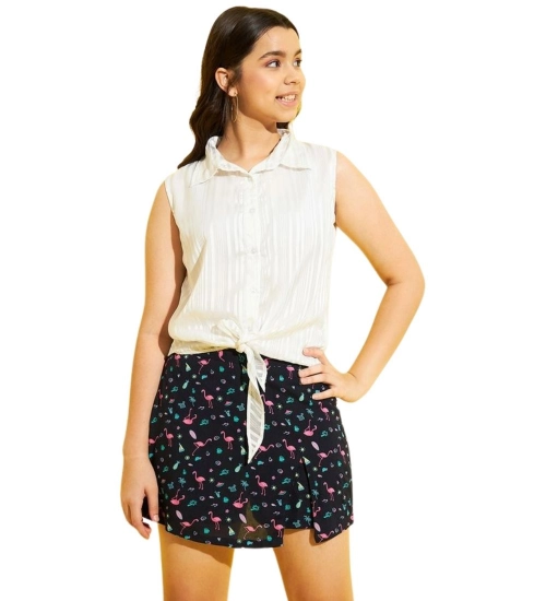 Generic Girl's Polyester Lurex Printed Sleeveless Top Set (White-Navy)