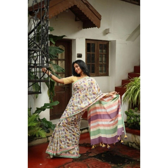 Generic Women's Linen Printed Saree With Unstitched Blouse 5.5Mtr (Multicolor)