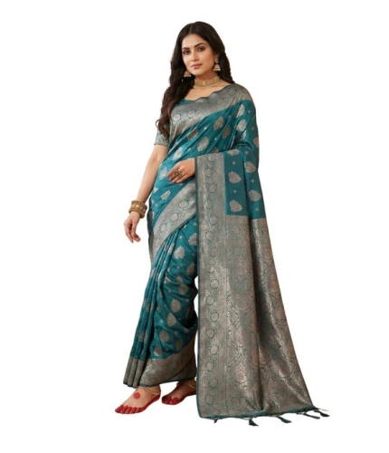 Generic Women's Silk Blend Printed Saree With Unstitched Blouse 5.5Mtr (Sea Green)