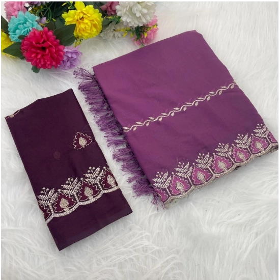 Generic Women's Georgette Embroidered Saree With Unstitched Blouse 5.5Mtr (Purple)