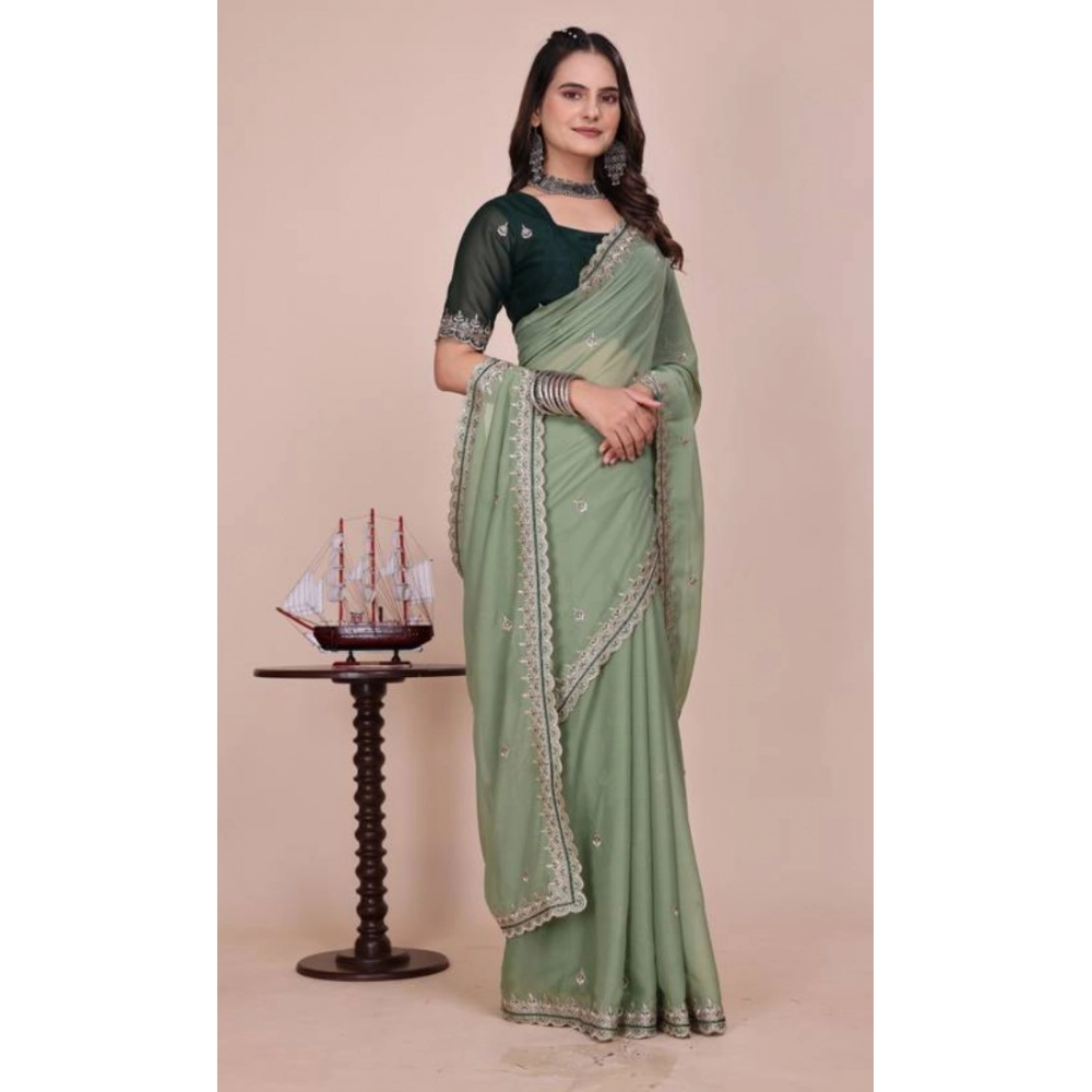 Generic Women's Georgette Embellished Saree With Unstitched Blouse 5.5Mtr�(Pista Green)