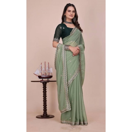 Generic Women's Georgette Embellished Saree With Unstitched Blouse 5.5Mtr (Pista Green)