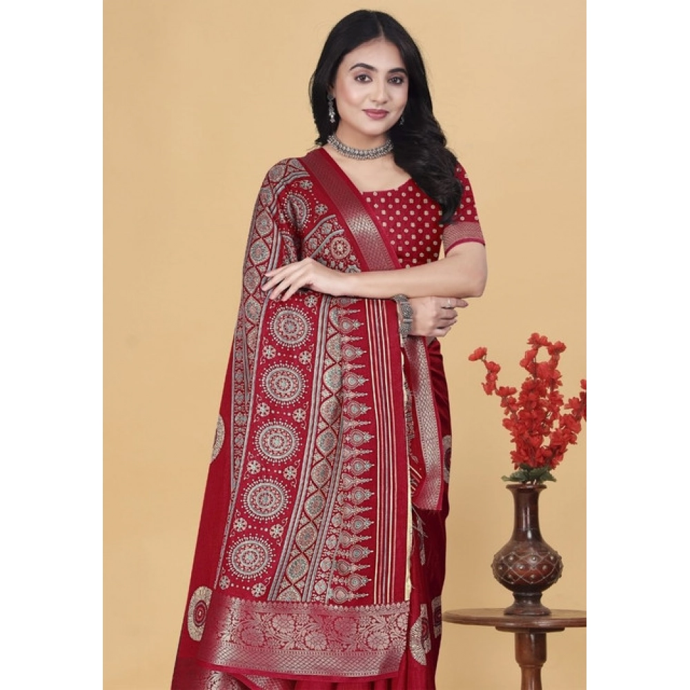 Women’s Art Silk Printed Saree With Unstitched Blouse 5.5Mtr (Red)