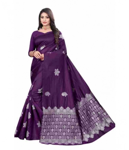 Generic Women's Soft Lichi Silk Printed Saree With Unstitched Blouse 5.5Mtr (Purple)