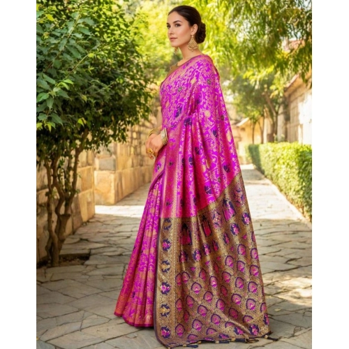 Women's Silk Blend Woven Paithani Saree With Unstitched Blouse 5.5Mtr (Pink) Women's Silk Blend Woven Paithani Saree With Unstitched Blouse 5.5Mtr (Pink)