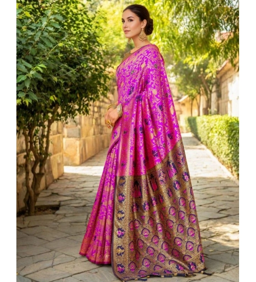 Generic Women's Silk Blend Woven Paithani Saree With Unstitched Blouse 5.5Mtr (Pink)