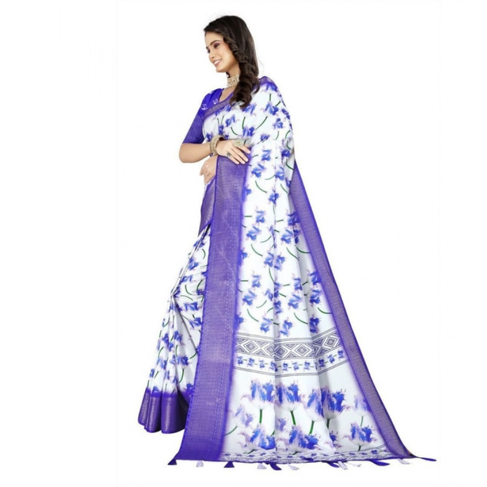 Women’s Cotton Silk Floral Printed Saree With Unstitched Blouse 5.5Mtr (Blue)