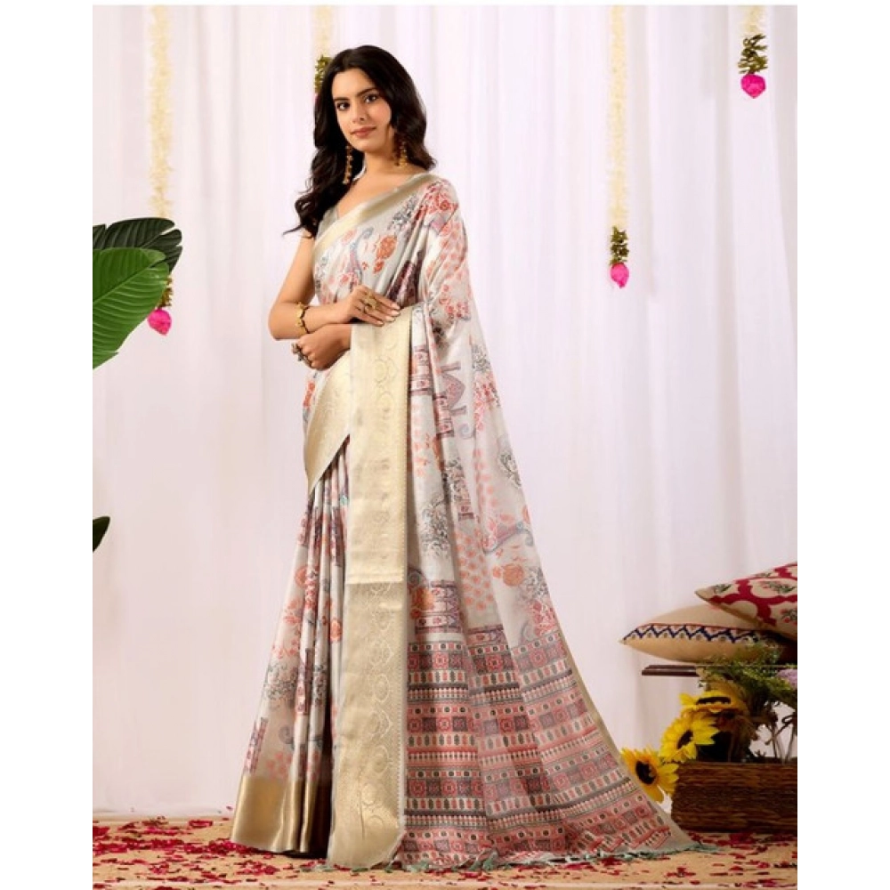 Generic Women's Faux_Silk Printed Saree With Unstitched Blouse 5.5Mtr (Grey)