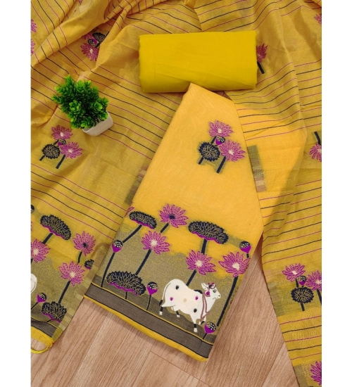 Generic Women's Banarasi Silk Printed Unstitched Salwar Suit Material With Dupatta (Yellow, 3Mtrs)