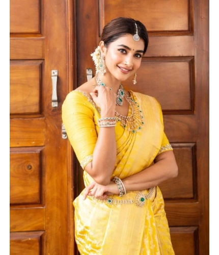 Generic Women's Soft Lichi Silk Printed Saree With Unstitched Blouse 5.5Mtr (Yellow)