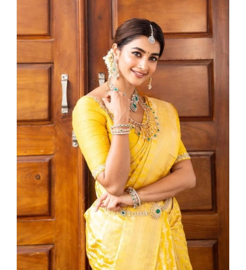 Generic Women's Soft Lichi Silk Printed Saree With Unstitched Blouse 5.5Mtr (Yellow)