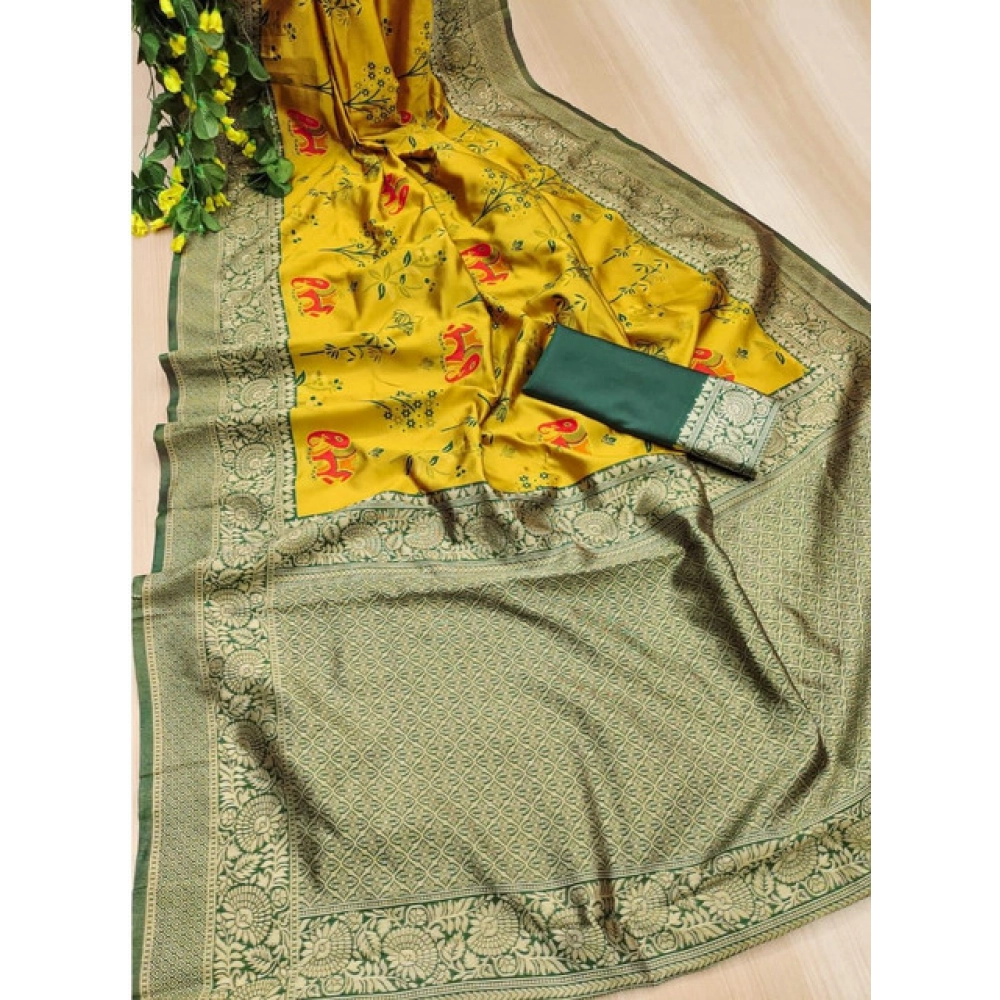 Generic Women's Soft Litchi Silk Jacquard Work Saree With Unstitched Blouse 5.5Mtr (Yellow)