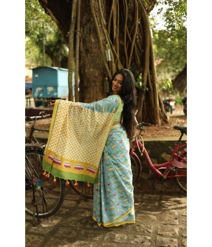 Generic Women's Linen Printed Saree With Unstitched Blouse 5.5Mtr (Blue)