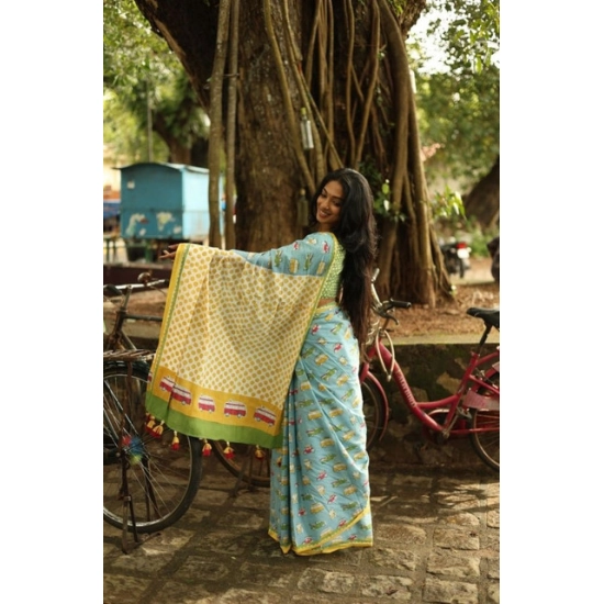 Generic Women's Linen Printed Saree With Unstitched Blouse 5.5Mtr (Blue)