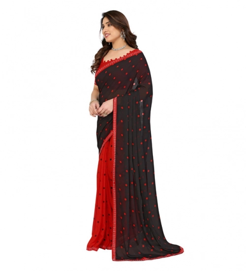 Generic Women's Georgette Printed Saree With Unstitched Blouse 5.5Mtr (Black-Red)