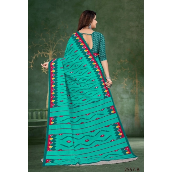 Generic Women's Soft Pure Cotton Printed Saree With Unstitched Blouse 5.5Mtr (Blue)