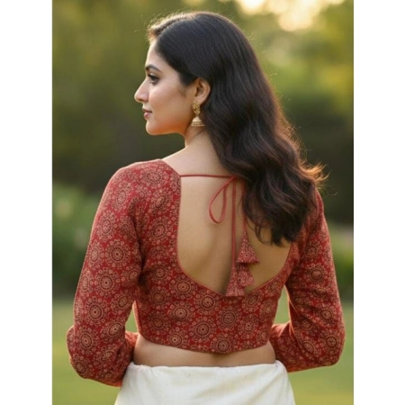 Generic Women's Ajrakh Cotton Halter Neck Padded Blouse (Red, 38 Ready Size (Self-Alterable 36–40)