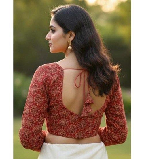 Generic Women's Ajrakh Cotton Halter Neck Padded Blouse (Red, 38 Ready Size (Self-Alterable 36–40)