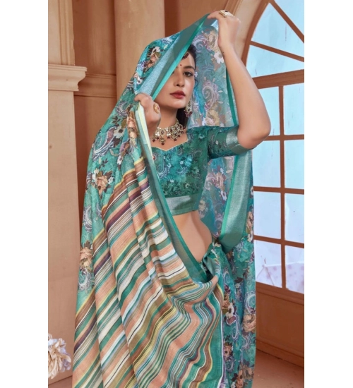 Generic Women's Printed Cotton Linen Saree withPrinted  Saree With Unstitched Blouse (Mint Green, 5-6Mtrs)