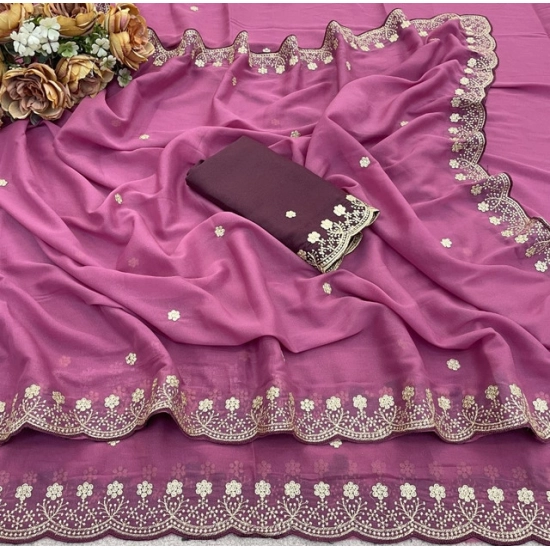 Generic Women's Star Georgette Embroidered Saree With Unstitched Blouse 5.5Mtr (Pink)