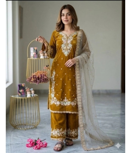 Generic Women's Silk Embroidered 3/4th Sleeve Round Kurti With Palazzo Pant and Dupatta Set (Gold)