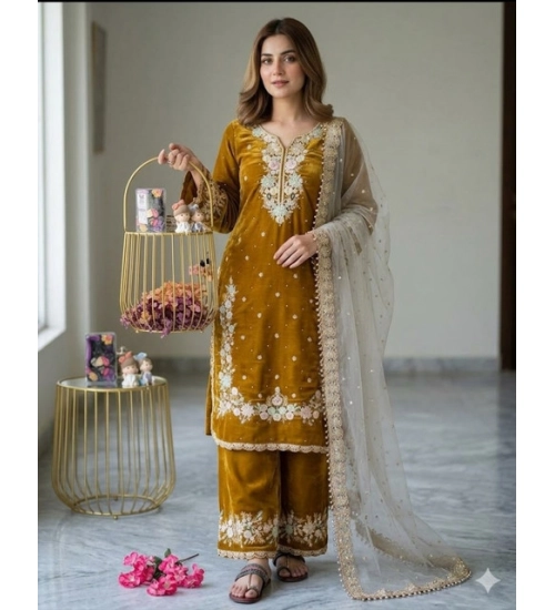 Generic Women's Silk Embroidered 3/4th Sleeve Round Kurti With Palazzo Pant and Dupatta Set (Gold) Generic Women's Silk Embroidered 3/4th Sleeve Round Kurti With Palazzo Pant and Dupatta Set (Gold)