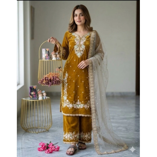 Generic Women's Silk Embroidered 3/4th Sleeve Round Kurti With Palazzo Pant and Dupatta Set (Gold) Generic Women's Silk Embroidered 3/4th Sleeve Round Kurti With Palazzo Pant and Dupatta Set (Gold)