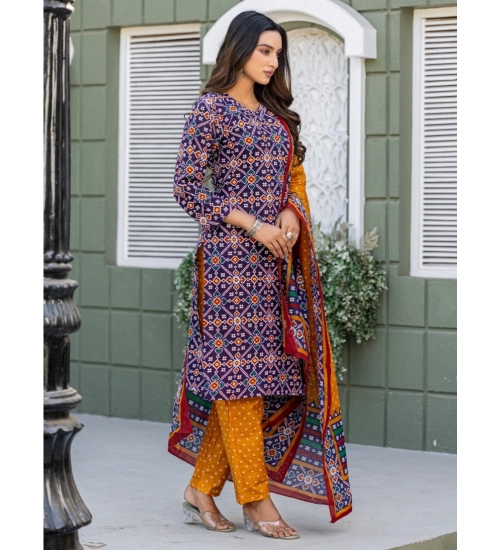 Generic Women's Cotton Blend Printed Kurti With Pant Dupatta Set (Navy Blue)
