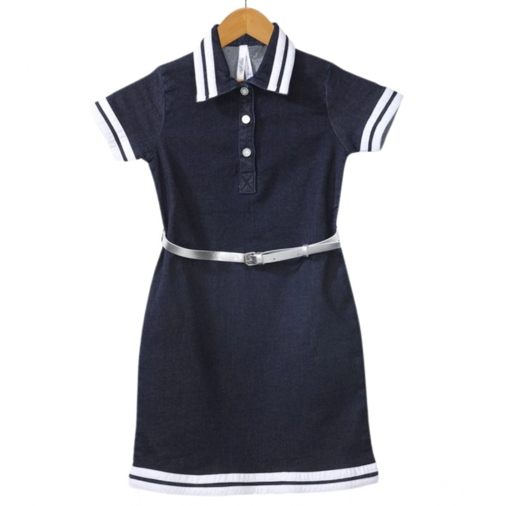 Girl's Denim Lycra Ribbed Elasticated Dress with Belt (Navy Blue-White)