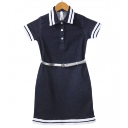 Generic Girl's Denim Lycra Ribbed Elasticated Dress with Belt (Navy Blue-White)