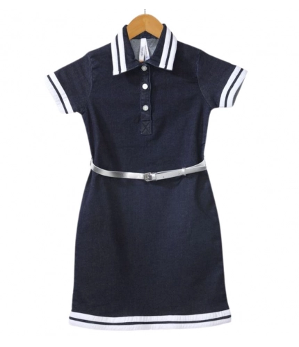 Generic Girl's Denim Lycra Ribbed Elasticated Dress with Belt (Navy Blue-White)
