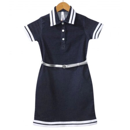 Generic Girl's Denim Lycra Ribbed Elasticated Dress with Belt (Navy Blue-White)