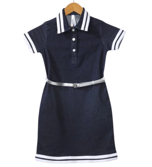 Generic Girl's Denim Lycra Ribbed Elasticated Dress with Belt (Navy Blue-White)