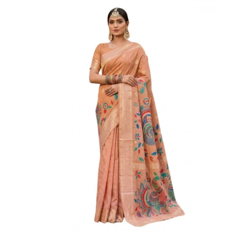 Generic Women's Linen Cotton Floral Embroidered Saree With Unstitched Blouse 5.5Mtr (Peach) Generic Women's Linen Cotton Floral Embroidered Saree With Unstitched Blouse 5.5Mtr (Peach)