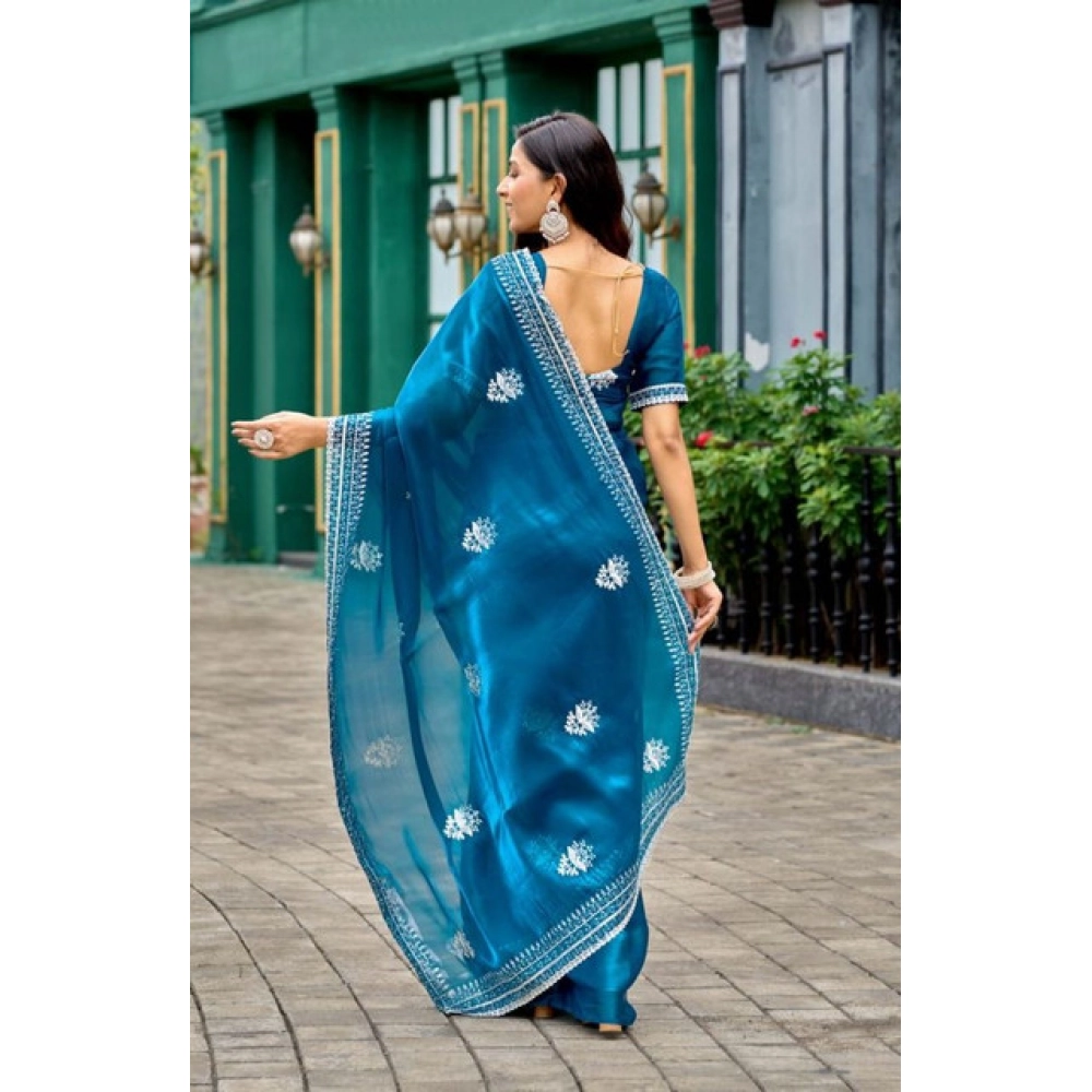 Generic Women's Faux Shimmer Motif Ready to wear Saree With Unstitched Blouse 5.5Mtr (Blue) Generic Women's Faux Shimmer Motif Ready to wear Saree With Unstitched Blouse 5.5Mtr (Blue)
