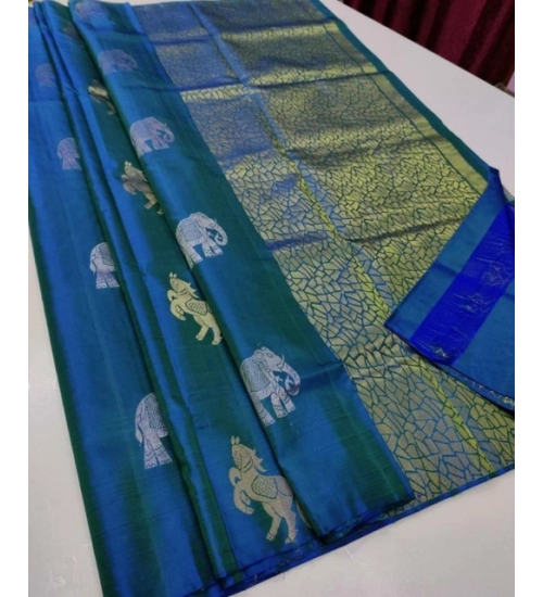 Generic Women's Litchi silk Printed Saree With Unstitched Blouse (Turquise Blue)